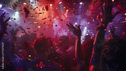 Energetic Crowd at Live Concert Celebration, Hands Up with Confetti, Festive Event Ambiance Captured in Vibrant Colors. AI