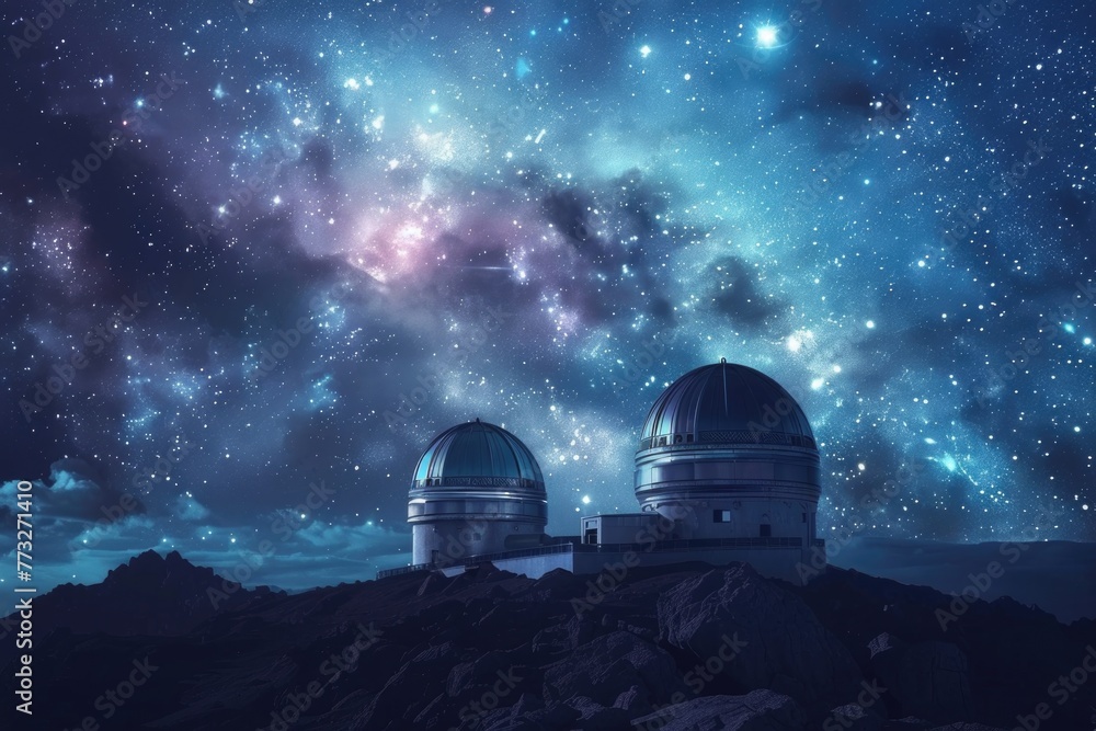 A scifi telescopes night sky revelation, galaxies bathed in dramatic lighting , 3D illustration A scifi telescopes night sky revelation, galaxies bathed in dramatic lighting , 3D illustration
