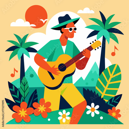 A colorful beach scene with friends enjoying a picnic and live guitar music at sunset.