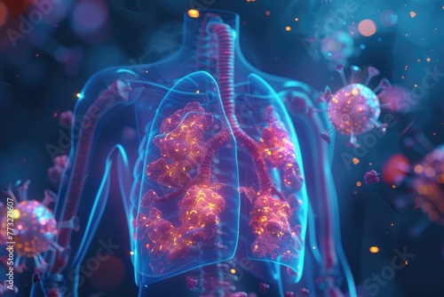 Moody lighting highlights a hightech labs fight against lung cancer with nanobots , 3D illustration