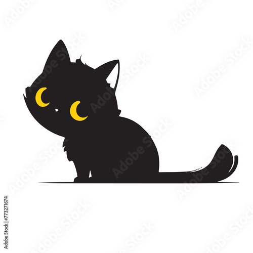 Vector illustration of cute black cat with yellow eyes.Black cat silhouette. Big yellow eyes. Cute cartoon character. animal collection. Happy Halloween. Flat design. white background. cat vector logo