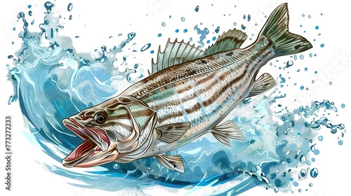 A striped bass fish being caught in the style of an angler with a white background