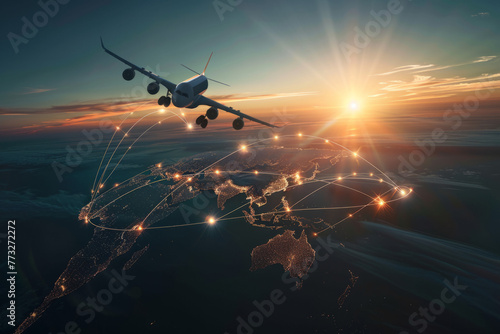 A graphic representing airplane flight paths across the globe, symbolizing international travel, trade, and logistics