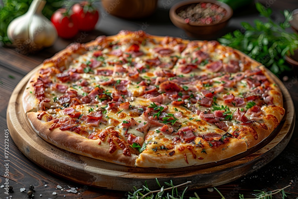 fresh pizza with meat on the table, in the style of dark pink and gray. Generative AI fresh pizza with meat on the table, in the style of dark pink and gray. Generative AI