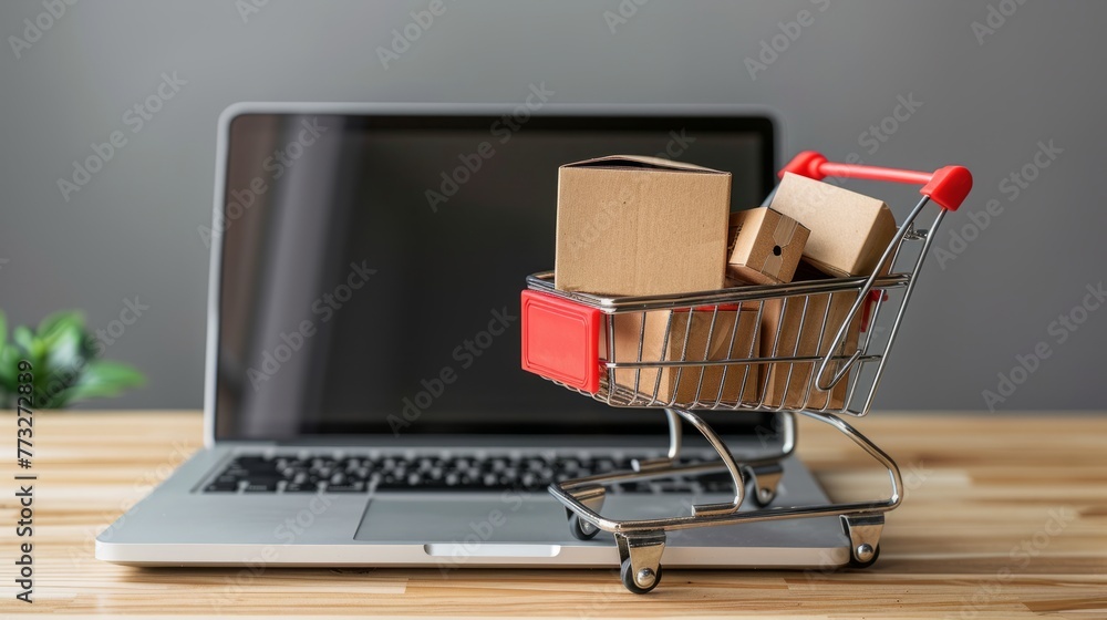 Online shopping, shopping cart and computer purchase, e-commerce concept
