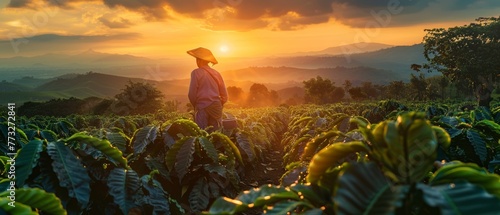 A farmer working on his coffee field during a sunset