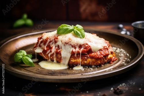 Exquisite chicken parmesan on a porcelain platter against an aged metal background photo