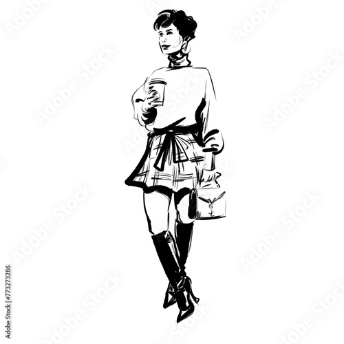 Canvastavla Young woman with pixie hair standing in contraposto with crossed legs, holding a coffee to go, dressed in plaid skirt, turtleneck sweater and knee boots