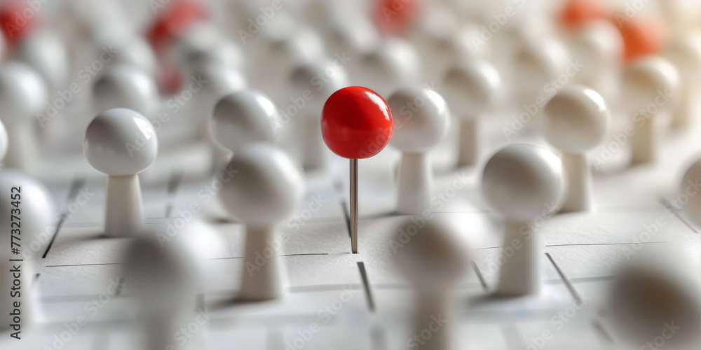 A group of white push pins with one red pin in the middle. A group of white push pins with one red pin in the middle.
