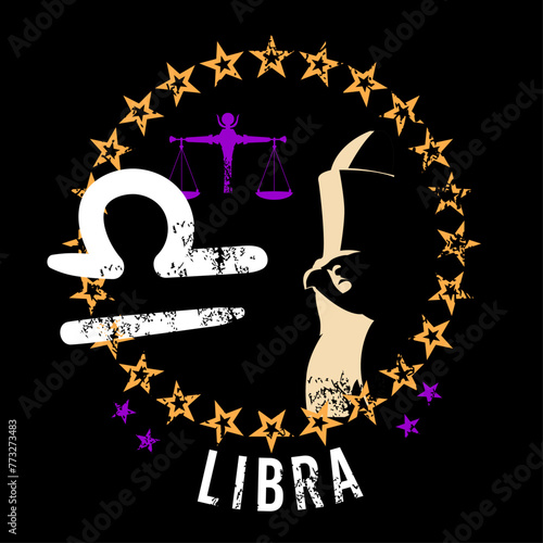 Libra. T-shirt design of the pound symbol along with an Egyptian bird and a scale on a black background.