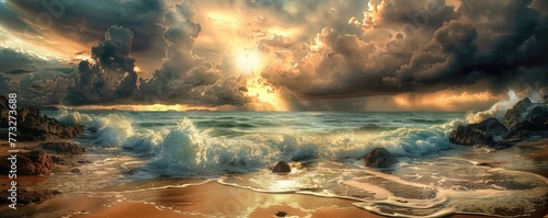 waves crashing on rocky shores under a dramatic sunset sky with penetrating sun rays and dynamic cloud photo