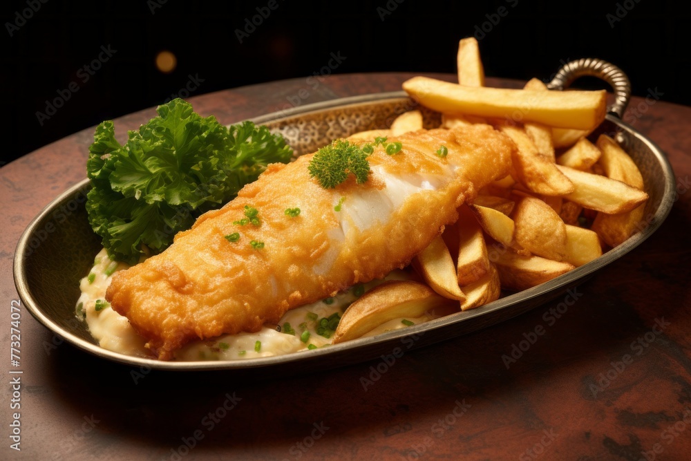 Exquisite fish and chips on a metal tray against a sandstone background Exquisite fish and chips on a metal tray against a sandstone background