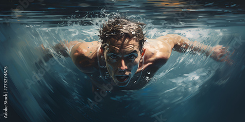 Energetic shot of a swimmer racing through the water like a torped