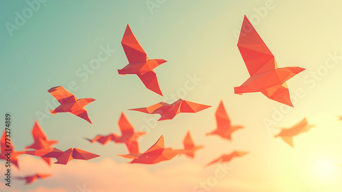 flock of birds in Low Poly style, soaring across the sky,ai