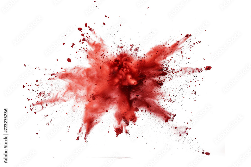 Red color powder explosion splash with freeze isolated on background, abstract splatter of colored dust powder.