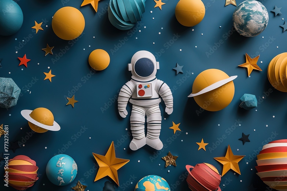 Naklejka premium Lonely astronaut in a white protective suit in outer space among celestial bodies and stars, made in paper cutout style.