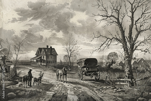 Old engraving with fine lines portraying a vintage scene, filled with historical details that stir a sense of nostalgia. photo