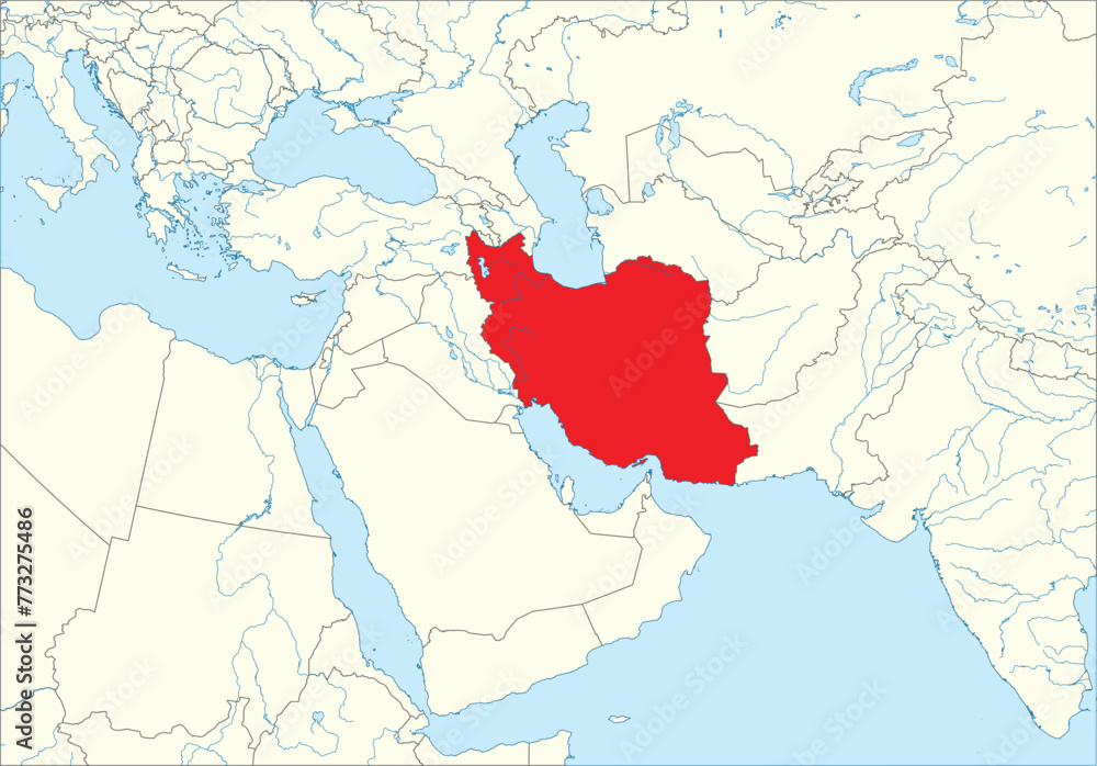 Red detailed blank political map of IRAN with black national country borders on white continent background, blue sea surfaces and rivers using orthographic projection of the Middle East