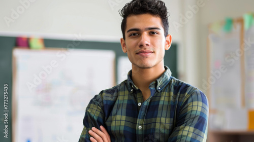 A smiling man stands confidently in front of a classroom whiteboard.