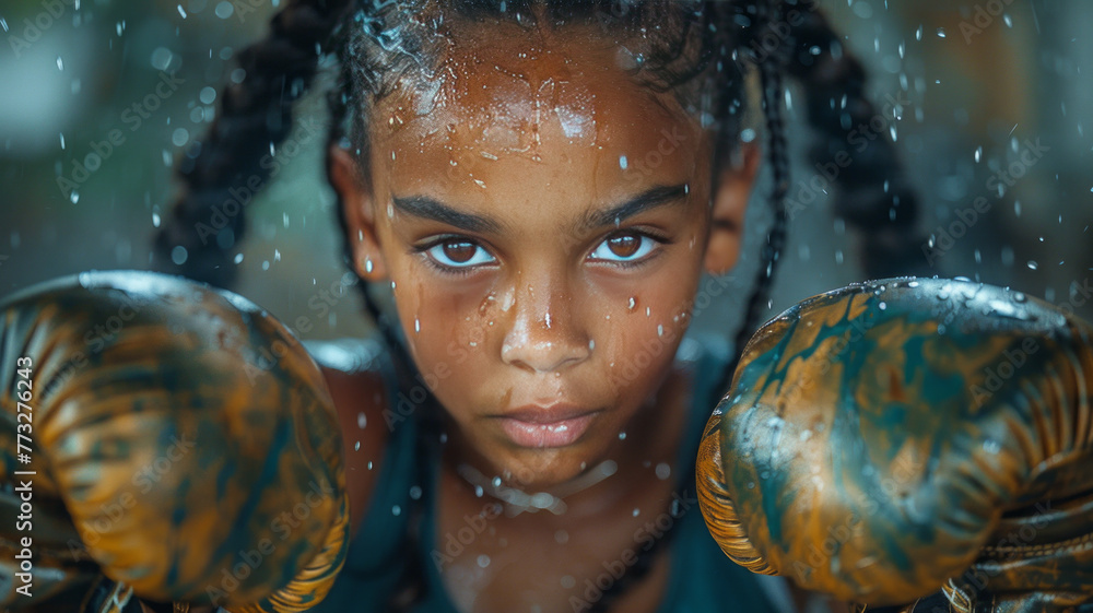 Naklejka premium 10 year old girl practicing boxing, wearing green sportswear, her clothes have liquid texture print on the fabric,generative ai