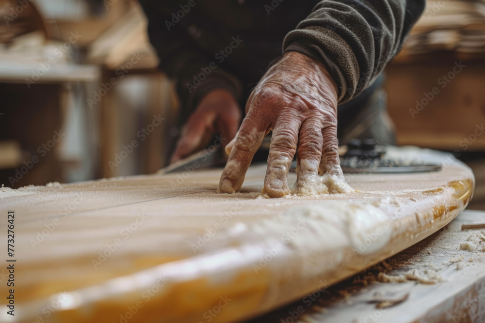 A talented artisan carefully shapes a custom surfboard, highlighting the precision and passion in woodworking A talented artisan carefully shapes a custom surfboard, highlighting the precision and passion in woodworking