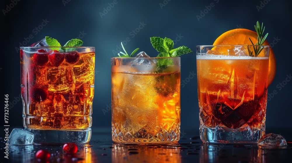 Three glasses, each holding a distinct drink, artfully garnished Three glasses, each holding a distinct drink, artfully garnished