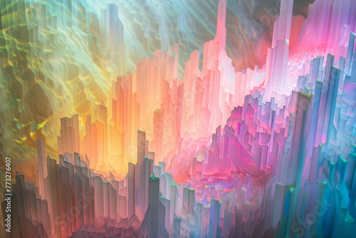 Pastel-toned light cascading over holographic abstract shapes, creating a 3D visual feast of color, form, and fantasy.