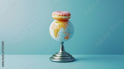 A 3D rendering of a creative composition of a donut on a globe stand with a blue background