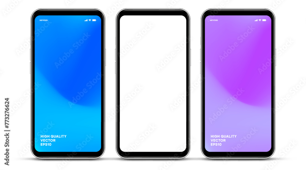3D realistic high quality smartphone mockup with isolated background. Smart phone mockup collection. Device front view. 3D mobile phone with shadow on white background.