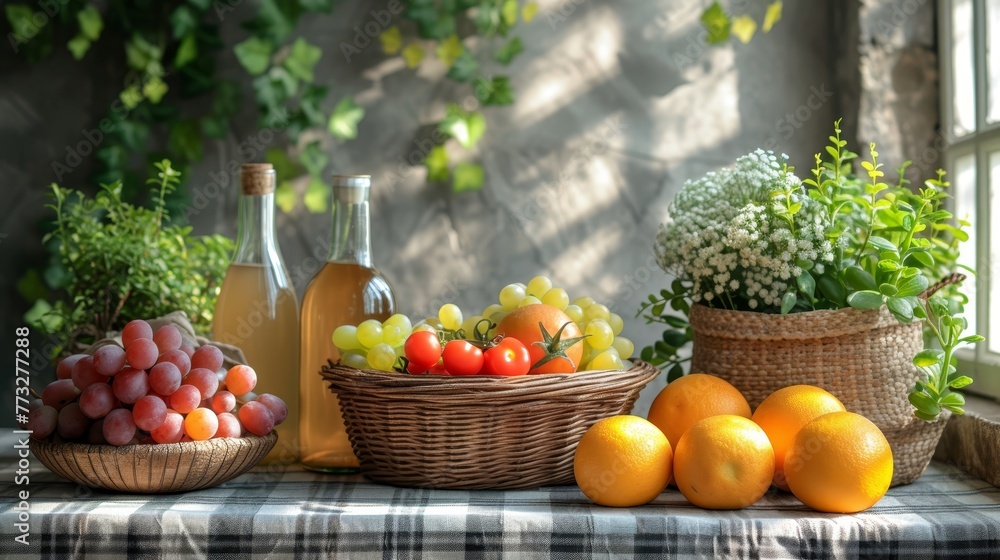   A table, laden with a woven basket of fruit - oranges and grapes - alongside a positioned bottle of wine