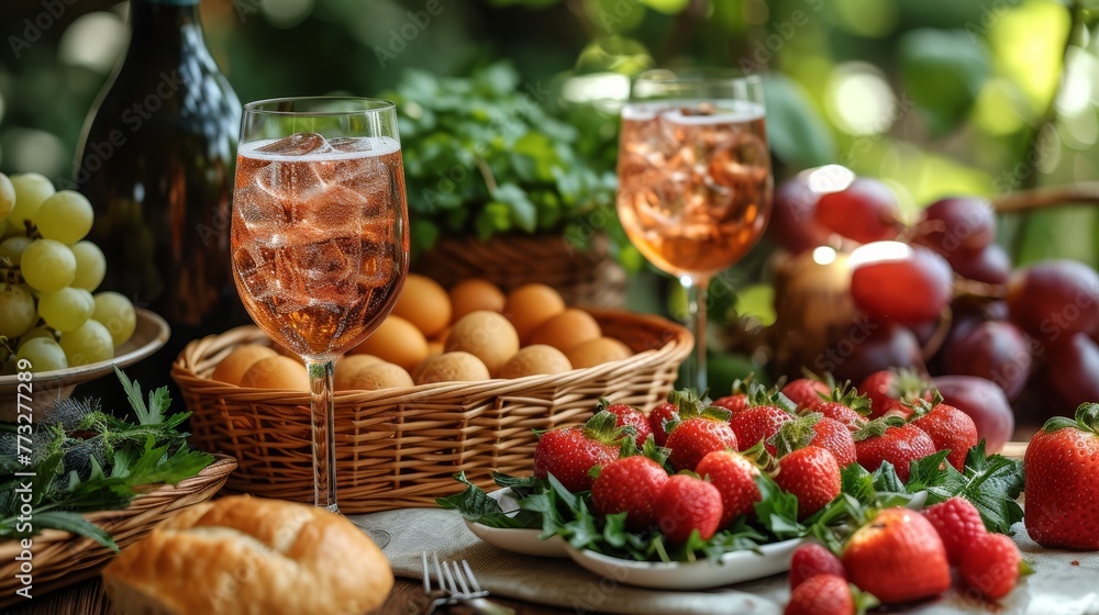   A table is set with a woven basket filled with assorted fruits – oranges and strawberries – and a nearby glass holds a crisp, cool beverage, awaiting enjoyment