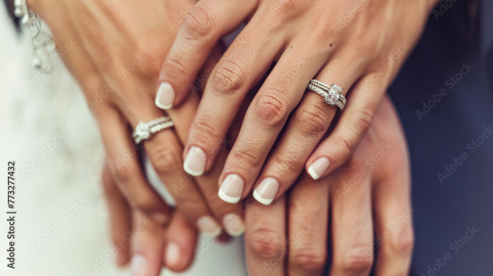 Two hands with wedding and engagement rings gently touch, symbolizing union.