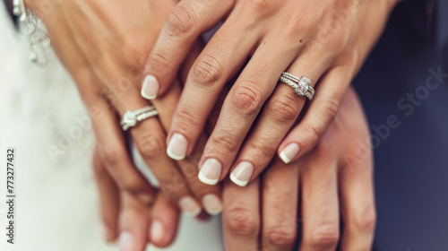 Two hands with wedding and engagement rings gently touch  symbolizing union.