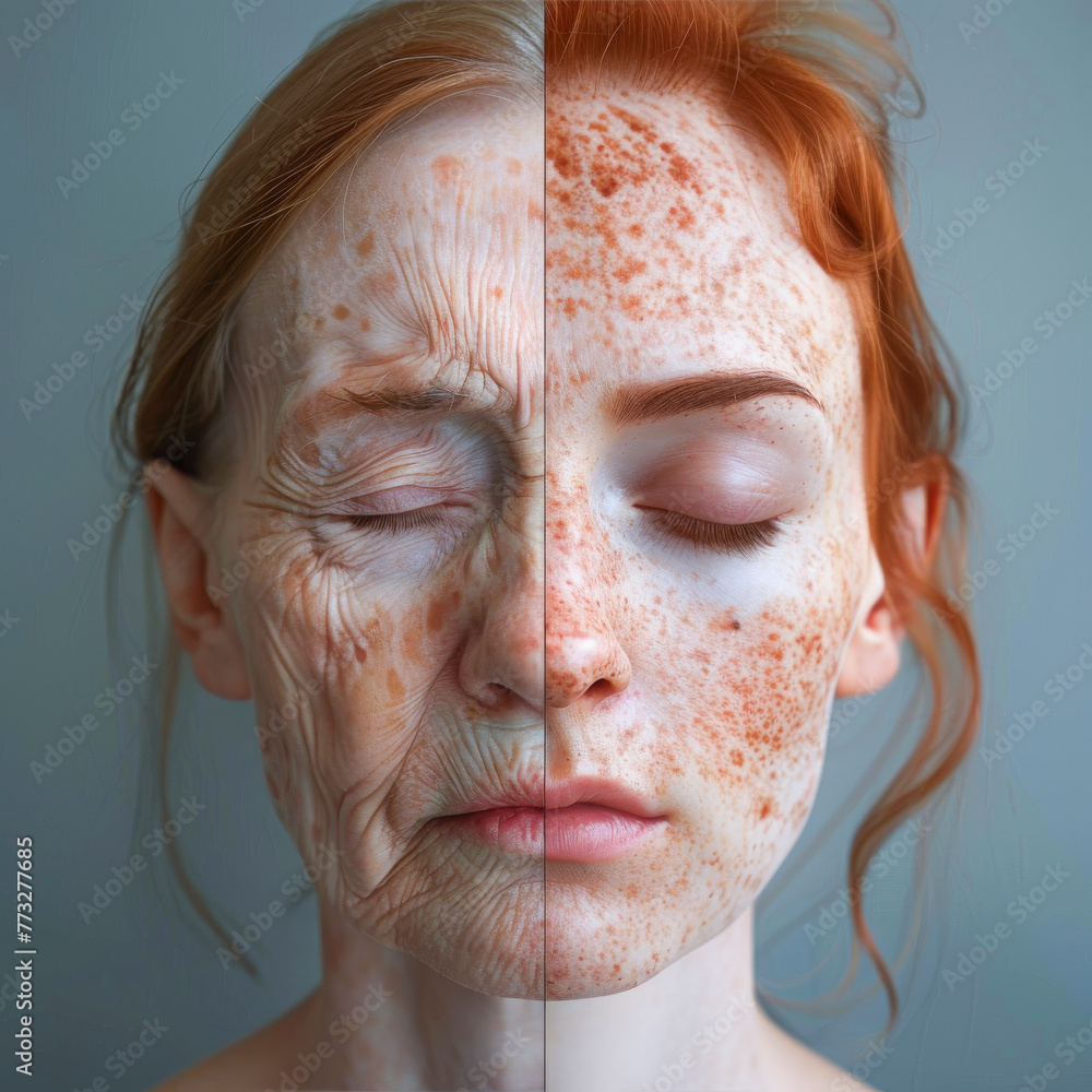 Fototapeta premium Woman With Freckled Hair and Skin Closing Eyes, young and old