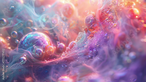 Pastel holographic universe with ethereal 3D forms, illuminated by soft light, blending reality with abstract art.