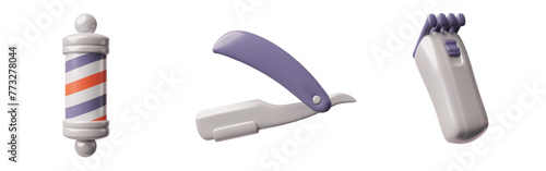 Curlers, hair clipper and shaving machine and razor 3D vector icons set, electrical and handle device, hair styling tool