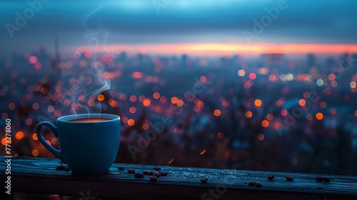 Soothing night-time panorama with a steaming coffee mug on a wooden ledge