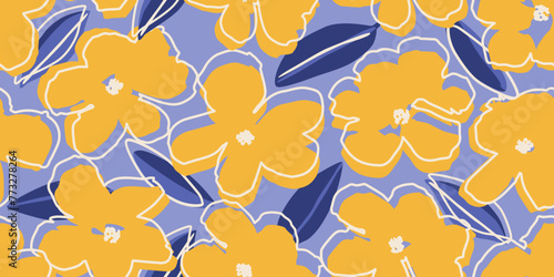 Hand drawn flowers, seamless patterns with floral for fabric, textiles, wall art, wallpaper, cover, banner, home decor, abstract backgrounds. Vector illustration.