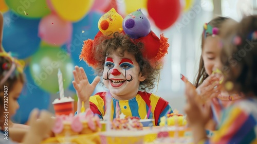 A birthday party with a clown or entertainer performing for the children. 