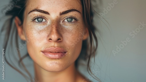 A portrait of a woman with dewy skin, radiating a fresh and youthful glow. photo