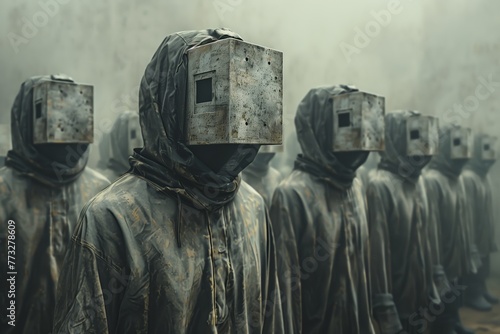 Group of figures with box heads in mist photo