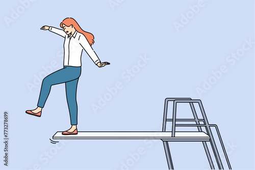 Business woman takes risky action and goes on venture to achieve goal, standing on springboard. Concept of professional venture that can lead to career growth or dismissal and bankruptcy