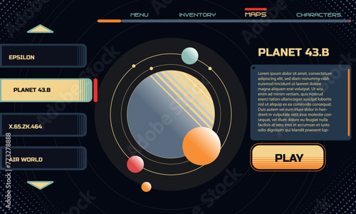 Retro futuristic cosmic illustration. Game Interfase template in retro futurism style. Good for retro posters, flyers, interfaces. Vector Illustration. EPS10 (ID: 773278888)