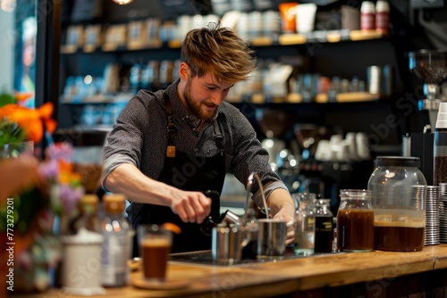 A man skillfully pours a cup of coffee at a bar