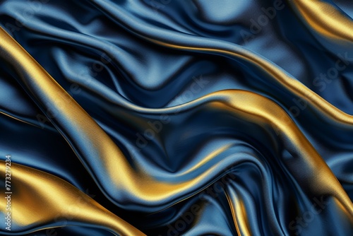  A detailed view of a blue-gold fabric adorned with undulating, wavy lines