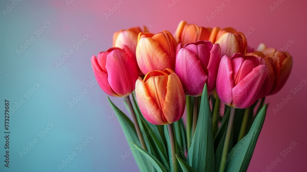 Fototapeta premium A vase holding pink and orange tulips against a pink-blue background Behind, a pink wall is visible