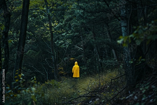 A person in a yellow raincoat is walking through a dense forest