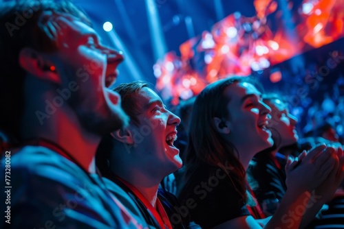 A group of people sitting together in the front row at a concert, enjoying the live music performance