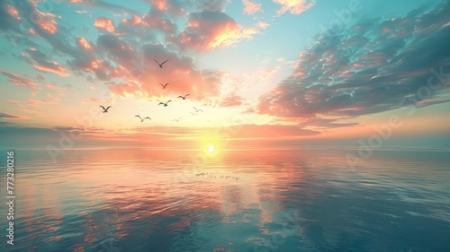 Seabirds soar over calm waters under a peaceful sky in a coastal ballet