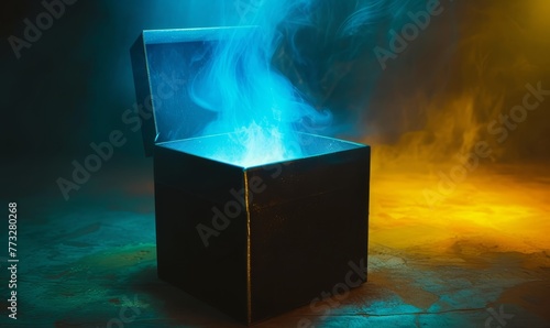   A black box emitting a blue flame against a yellow-blue backdrop, with smoke escaping photo